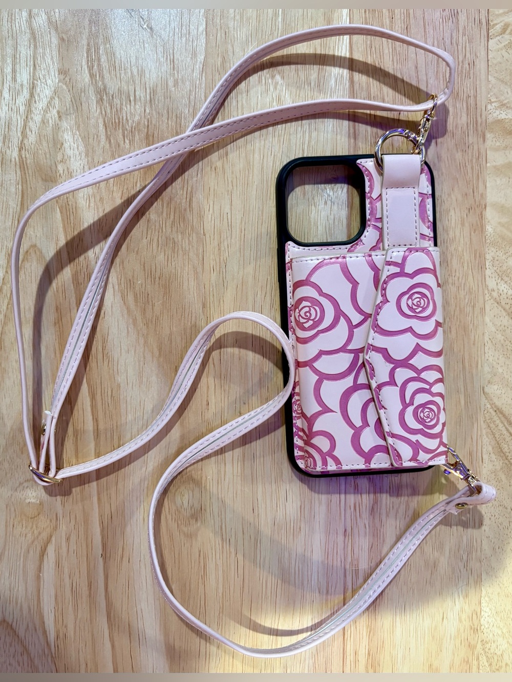 iPhone 13 Pro Max Crossbody Wallet Phone Case Pink Floral Card Holder Strap